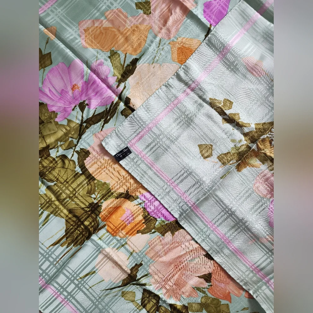 Auth Dior Pastel Plaid Sage Green Silk Scarf